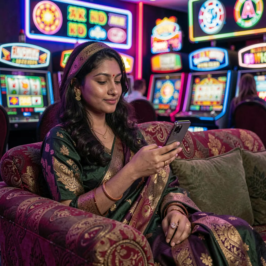 Confident Bangladeshi woman relaxing on a sofa while using the F111 casino app with bright neon casino symbols glowing behind her