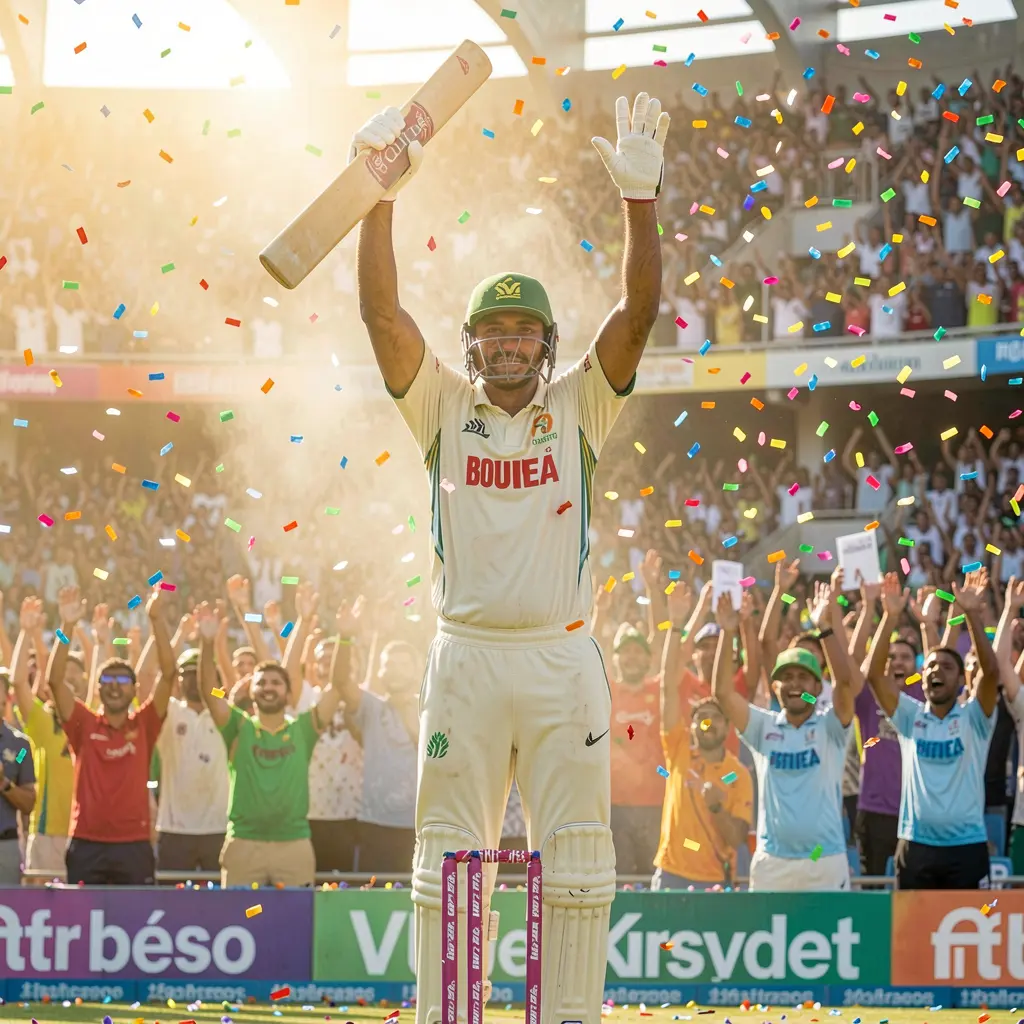 Cricket player celebrating a winning moment with raised arms and cheering fans symbolizing big match victories and betting success with F111 in Bangladesh