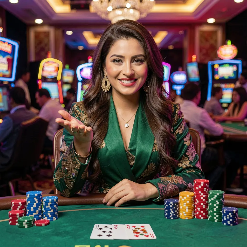 Attractive casino dealer standing by a live gaming table with stacked chips and a dynamic background representing the premium F111 casino experience in Bangladesh