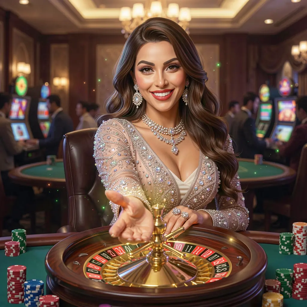 Smiling casino hostess surrounded by glowing roulette numbers and chips inviting players to log in to the F111 platform in Bangladesh