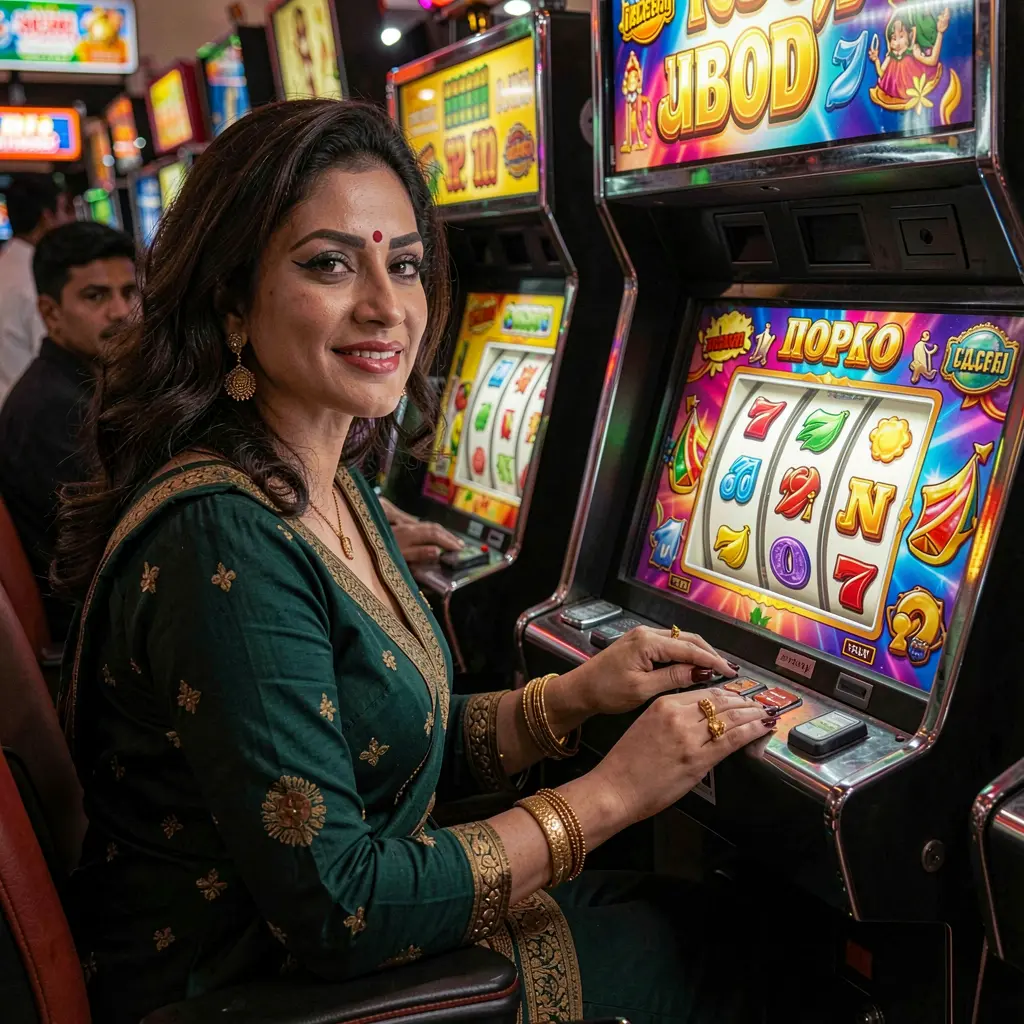 Elegant woman enjoying colorful slot machines in a modern casino atmosphere at F111 with bright lights and immersive gaming visuals